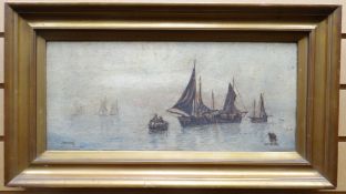 OIL ON CANVAS: H G Heath - nineteenth century maritime scene with boats in mist,  signed, 8 x 17.5