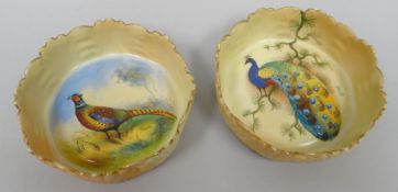 A pair of Locke & Co blush ivory dishes, with moulded exterior, each painted with pheasants to the