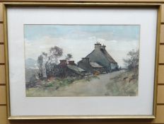 WATERCOLOUR: Gyrth Russell - cottages on lane with figures, signed, 35 x 54 ins (11.75 x 21.25