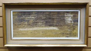 OIL ON BOARD: John Eynon - abstract, textured, signed and dated '65, 9.5 x 23.5 ins (24 x 60 cms)