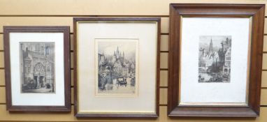THREE ETCHING PRINTS: Axel Herman Haig - Continental city views, various sizes, MOUNTED AND FRAMED