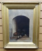 OIL ON CANVAS: Emilie Preuss (after Wiertz) - sleeping dog with food bowl in nook, signed and