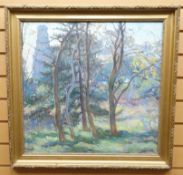 OIL ON CANVAS: Wynford Dewhurst - woodland study with church tower beyond, entitled verso '