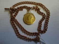 A 9ct 375 rose-gold Albert chain with t-bar attached to a gold full-sovereign dated 1896 within a