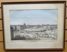 COLOURED PRINT: View of Versailles, 10.75 x 15.5 ins (28 x 39 cms) FRAMED AND MOUNTED