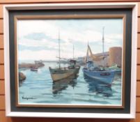 OIL ON CANVAS: Vinciguerra - fortified harbour with boats, signed, 20.5 x 25 ins (52 x 64 cms)