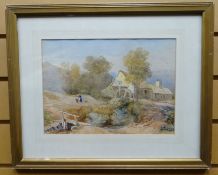 WATERCOLOUR: David Cox Jnr - watermill, bridge and stream with two figures and a dog, 8.25 x 11.25