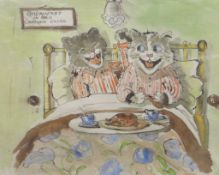 WATERCOLOUR: Follower of Louis Wain - two pyjama wearing comic cats eating in bed, unsigned, 10 x 13