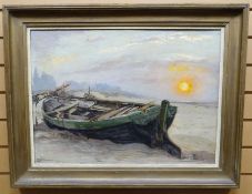 OIL ON BOARD: Henri Ottevaere - beached boat at sunset, signed and dated 1937 and with original