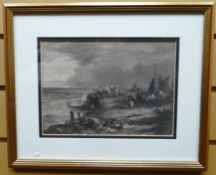 ETCHING PRINT: Nineteenth Century Maritime School with lobster-fishing folk, unsigned, 6.75 x 9.75
