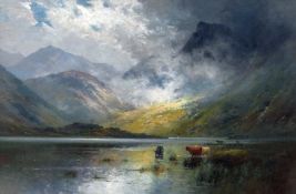ALFRED FONTVILLE de BREANSKI oil on canvas - cattle watering at a loch-side in stormy weather,