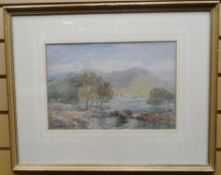 WATERCOLOUR: David Cox Jnr - Snowdonia landscape with distant village by a river (Beddgelert?),