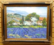 OIL ON CANVAS: Modern European School - colourful landscape with lavender fields (possibly