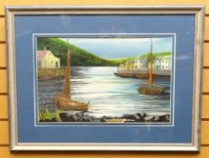ACRYLIC: Manner of Fred Uhlman - harbour with boats and buildings, signed, 13 x 19 ins (33 x 50 cms)