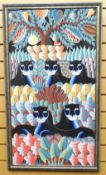 OIL ON BOARD: Philemon - colourful Haitian school painting of jaguars in a jungle, signed, 36 x 19.5