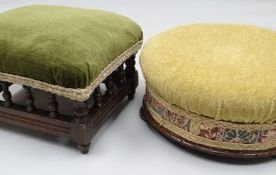 A circular-based stuff-over footstool on a carved mahogany base with three bun feet; together with a