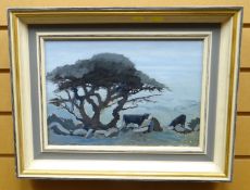 OIL ON BOARD: Welsh Twentieth Century School - landscape with two cows and tree entitled on label