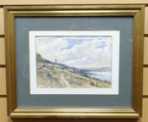 WATERCOLOUR: John Neale - landscape with hillside village, inscribed verso 'Blagdon, Somerset',