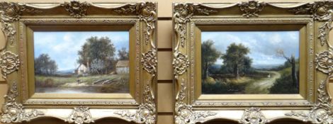 JOSEPH THORS oil on canvas, a pair - figures in landscape with dwelling entitled 'By the River's