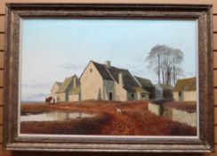 OIL ON CANVAS: Gerald D Coulson - entitled verso 'A Cotswold Farmstead' , signed, 23.5 x 36 ins (