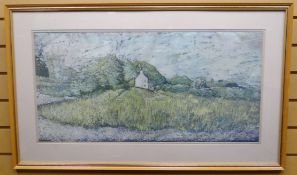 BATIK: Welsh landscaped with cottage and church, unsigned, 15.5 x 31.5 ins (40 x 80 cms) MOUNTED AND