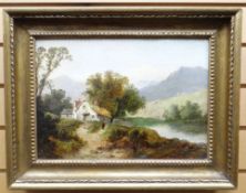 OIL ON BOARD: Richard Hilder - cottage and figures, Snowdonia, signed indistinctly verso, 10.5 x
