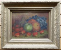 OIL ON CANVAS: E J B Evans, still life of fruit, signed and dated 1917, 8.25 x 11.25 ins (21 x 29