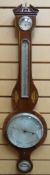 A Sheraton style inlaid mahogany aneroid three-dial banjo barometer with silvered dials and brass
