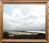 OIL ON BOARD: J Hilliard - ducks in flight over wetland, signed and dated 1982, 19.5 x 23.5 ins (