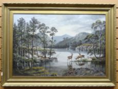 OIL ON BOARD: Alfred Worthington - landscape with loch, and deer grazing, signed and dated 1896 21.5