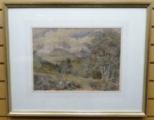 WATERCOLOUR: David Cox Jnr - expansive landscape with two woodcutters near a glade, signed and dated