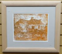 LINO-PRINT: Aneurin Jones - cottage, signed, 9.5 x 12 ins (24 x 30 cms) MOUNTED AND FRAMED