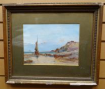 WATERCOLOUR: Richard Short - coastal view with boat and figures, signed, 8 x 11 (21 x 28.5 cms)