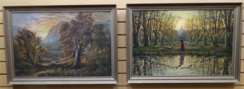 A PAIR OF OILS ON CANVAS: Henry J. Livens - landscapes at sunset with figures, signature to one,