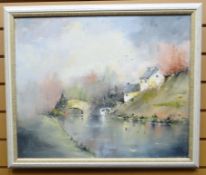OIL ON CANVAS: D Shanahan - river scene with houses and bridge, signed, 19 .25 x 23.5 ins (49 x 59