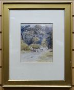 WATERCOLOUR: Thomas Miles Richardson - rustic scene with logging cart and horse, unsigned, 8.5 x 7