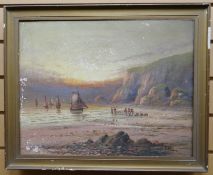 OIL ON CANVAS: F Hider - coastal scene with figures entitled verso 'The Return of the Boats',