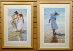 TWO ORIGINAL SERIGRAPH PRINTS: Luis Ribas, lady paddling on the shore entitled, 'Figure