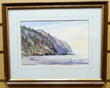 WATERCOLOUR: Colin George - coastal scene entitled verso 'Cliffs at Porlock', signed, 6 x 9 ins (