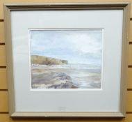 ACRYLIC: Leonard Beard - figures on a South Wales beach, signed, 9.5 x 11.5 ins (24 x 29 cms)