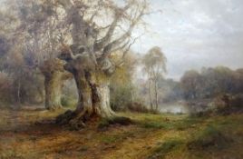 ALFRED de BREANSKI Sr oil on canvas - misty woodland with rabbits and pool, entitled on Royal
