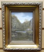 OIL ON PANEL: Maurice Turner - river scene entitled verso 'Dovedale', signed, 5.25 x 4 ins (15 x