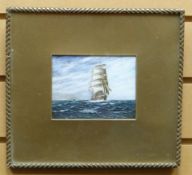 OIL ON PANEL: Nautical scene with galleon and liner at sea, unsigned, 4 x 5 ins (10 x 13 cms) FRAMED
