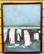 OIL ON BOARD: Ross Loveday, slate stacks entitled on Attic Gallery label verso 'Slate Wall II',