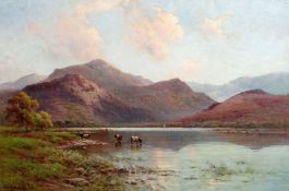 ALFRED de BREANSKI Jr oil on canvas - a bright day with cattle watering on lake's edge, entitled