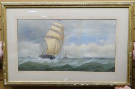 WATERCOLOUR: Charles Taylor - sailing ship and other vessels in squally sea, signed, 15.25 x 28.25