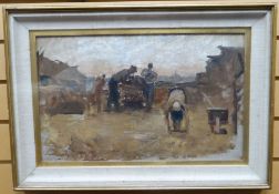 OIL ON BOARD: Constantin Meunier - a group of four workers, monogrammed, 11.5 x 18.75 ins (29 x 48