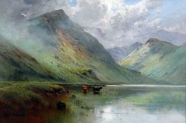 ALFRED FONTVILLE de BREANSKI oil on canvas - two Highland cattle watering in the Scottish Highlands,