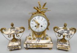 A French pink marble and gilt-metal mantel clock garniture, the clock with floral painted white