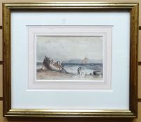 WATERCOLOUR: J Collins - nineteenth century, beached boat with figures, indistinctly signed, 4.75